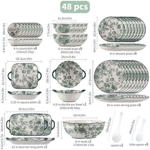 Ceramic Dinnerware Set, Series Kavara Ⅱ, (Green Rose) - Image 3