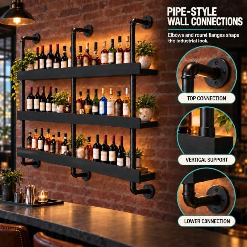 55IN 3-Tier Black Pipe Wall Mounted Wine Rack with Warm LED Light - Image 3