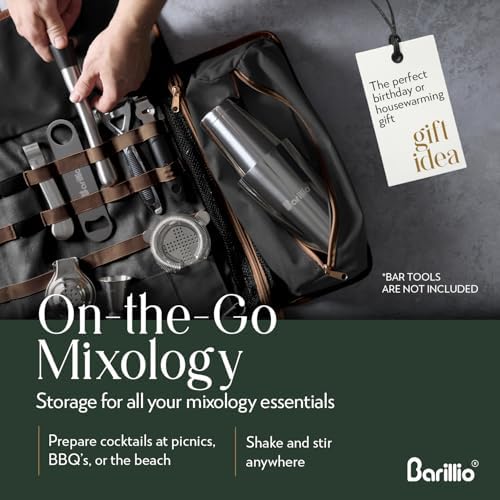 Barillio Bartender Bag (Without Tools) - Stylish, Waxed Canvas, Roll Up Traveling Bar Bag for Carrying Bar Tools and Cocktail Shaker Set with Shoulder Strap - Portable Travel Bartending Roll Black - Image 3