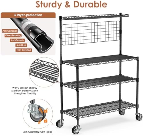 Bakers Rack with Storage & Wheels, 42In Microwave Stand Kitchen Shelves - Image 4