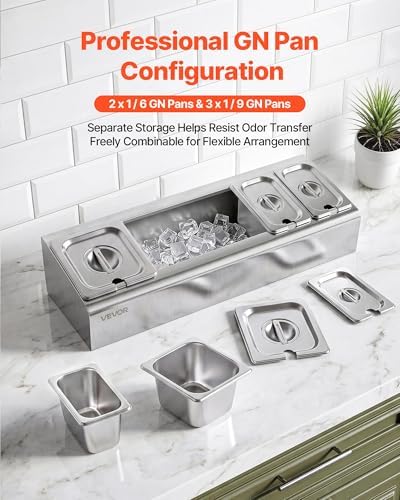 VEVOR Countertop Food Serving Display Container, Stainless Steel Food Salad Server Tray, Buffet Condiment Dispenser, Ice Cooled Rack with Separate Lid, for Restaurant Hotel Kitchen (2x1/6+3x1/9 Pan) - Image 6