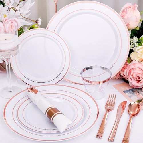DaYammi 350PCS Rose Gold Plastic Dinnerware Set for 50 Guests, Plastic Plates for Party Include: 50 Dinner Plates, 50 Dessert plates,50 Pre Rolled Napkins with Rose Gold Silverware,50 Cups for Wedding - Image 2