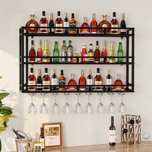 31 Inch Metal Wine Rack Wall Mounted, Bar Shelves for Liquor Bottles with LED Light, 3 Tier Large Capacity Liquor Rack Wall Mounted with Glass Holder for Home Bar & Dining Room, Black by HFTUW