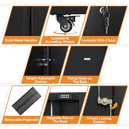 Metal Garage Storage Cabinet with 2 Doors, Adjustable Rolling Tool Storage Cabinet with Lock, 71" Steel Locking Broom Closet with Wheels and Shelves for Garage, Warehouse(Black, 71" H) - Image 4