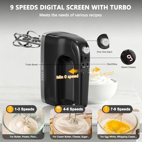 Lord Eagle 9-Speed Digital Hand Mixer Electric Handheld, 500W DC Motor - Image 2