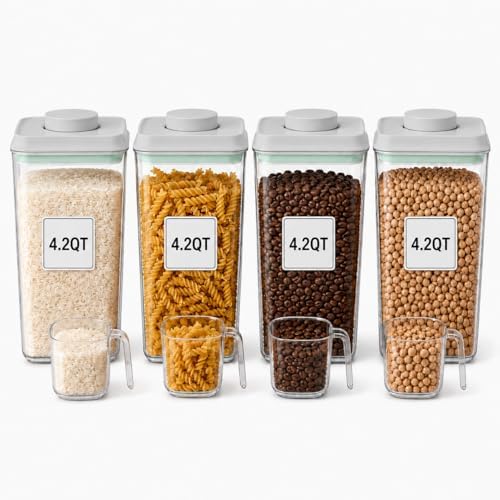 POP Airtight Flour-Rice Food-Storage Container - 4L/4.2Qt Jar with Lid(4Pc) and 3.3Oz Scoop(4Pc) | BPA-Free | Perfect for Storing Grains, pasta, Snacks | Stackable and Durable by USYOGO