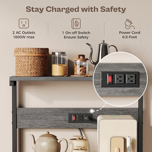 SUPERJARE Kitchen Bakers Rack with Power Outlet, Coffee Bar Table 4 Tiers, Kitchen Microwave Stand with 6 S-Shaped Hooks, Storage Shelf Rack for Spices, Pots and Pans - Charcoal Gray - Image 3