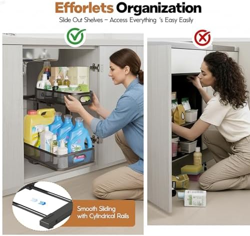 2 Pack Under Sink Organizer, Dual-Layer Pull Out Mesh Cabinet Rack with 5-Level Height Adjustment, Rust-Resistant Sliding Storage for Bathroom & Kitchen, Multi-Purpose 2-Tier Shelf(Black) - Image 3