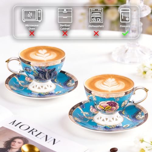 KAMMAK Tea Cups and Saucers Set of 2, Fine Bone China Coffee Cups, GHO03 - Image 6