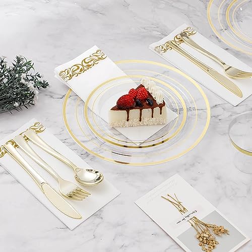 BESTVIP 700 PCS Clear Gold Plastic Plates and Silverware Set Disposable - Image 3