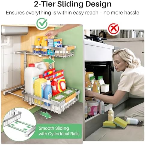 Kitstorack Under Sink Organizer, 2 Tier Under the Sink Storage, Slide out Pull out Cabinet Organizer Shelf, Metal Sliding Drawer for Kitchen Bathroom Pantry Closet Organization Rack, Silver, 2 Pack - Image 7