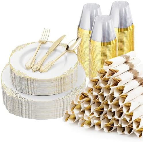 Bestluck 350PCS Gold Disposable Dinnerware for 50 Guests by Bestluck