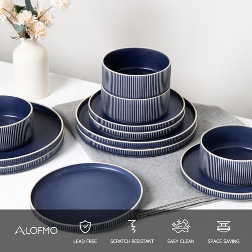 Stoneware Dinnerware Sets for 8, 24Pcs Plates and Bowls Set, Matte Blue - Image 3