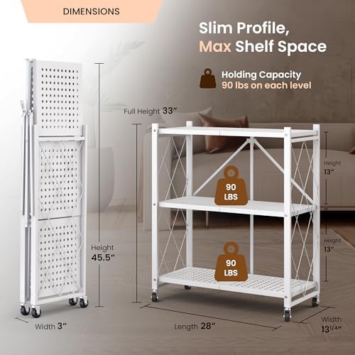 Our Modern Space 3-Tier Foldable Storage Shelf with Wheels | Metal Rack Collapsible Shelving Display | Rolling Cart for Books Kitchen Storage Shelves | Pantry & Closet Organizer | Office Room Decor - Image 2