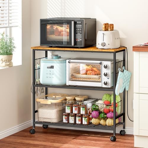 3 Tier Rolling Kitchen Microwave Cart, 33 Inch Microwave Table Stand with Adjustable Shelf, Kitchen Storage Island Utility Cart on Lockable Wheels, Bakers Rack Coffee Bar for Living Room, Office by ThreeHio