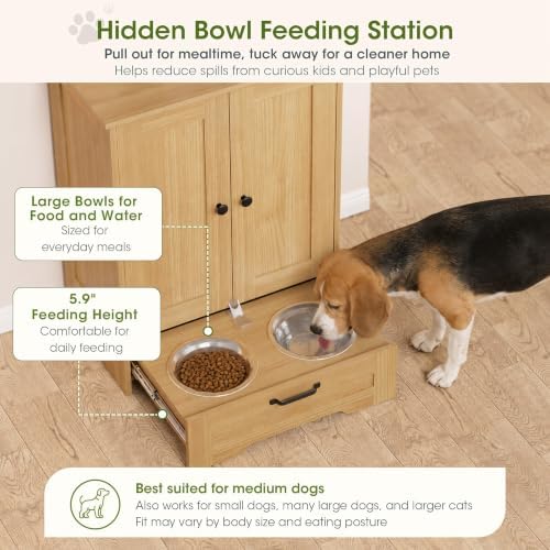 Dog Cabinet, Dog Feeding Station with Hidden Pull-Out Feeder, Oak - Image 3