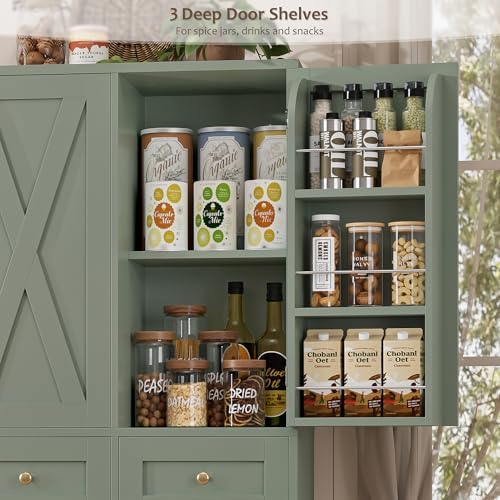 HOSTACK 67"H Farmhouse Kitchen Pantry Storage Cabinet with 3 Drawers, Green - Image 5