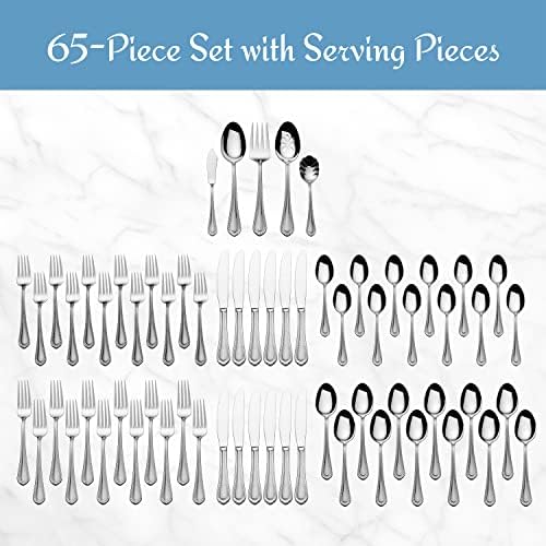 Mikasa Regent Bead 65-Piece Flatware Set for 12, 18/10 Stainless Steel Silverware with Beaded Teardrop Handles, Includes Serving Utensils, Dishwasher Safe - Image 2