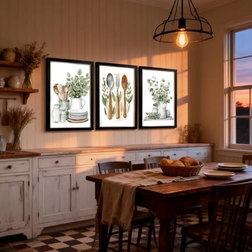 Doqueodas 3Pcs Black Framed Sage Green Kitchen Canvas Wall Art 16x24 inch - Image 3