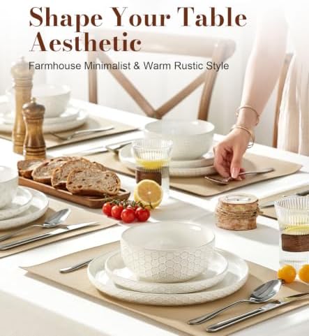 Lareina 18 Piece Dinnerware Sets for 6, Farmhouse Style Stoneware Plates and Bowls Sets, Embossed Boho Ceramic Dish Set, Scratch Resistant & Dishwasher Safe, Ivory White - Image 5