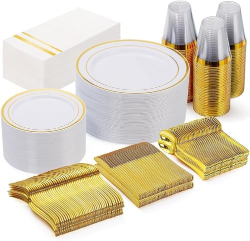 GATHER 350PCS White and Gold Plastic Plates Dinnerware Set for Wedding by Gather