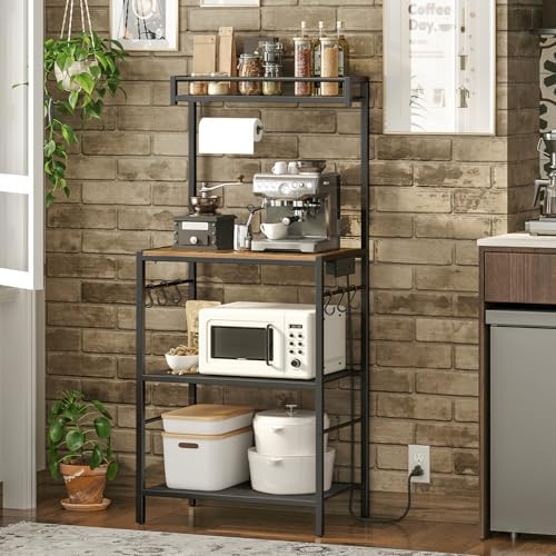 MAHANCRIS Bakers Rack with Storage, Microwave Stand with Paper Holder, Bakers Rack with Power Outlet, Coffee Bar Station with 6 Hooks, for Kitchen, Dining Room, Rustic Brown and Black BRHR36E01 - Image 7