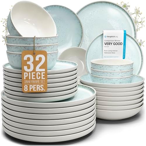 32 Piece Stoneware Dinnerware Set for 8, Handcrafted Plates and Bowls Set by PURELIVING