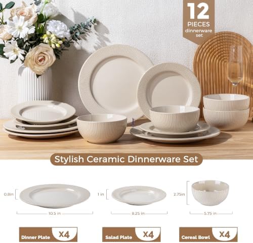 GBHOME Ceramic Dinnerware Sets of 4,12 pcs Plates and Bowls Sets Dishes - Image 2