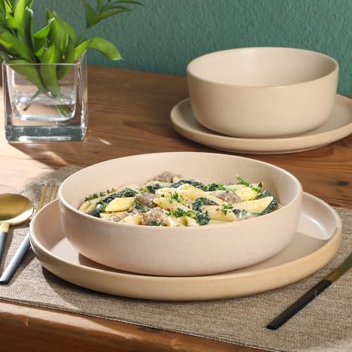 Gibson Elite Pasco 16 Piece (Service for 4) Plates and Bowls Double Bowl Reactive Glaze Dishes Stoneware Ceramic Dinnerware Set - Cream - Image 2