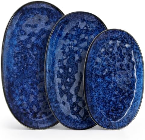 vancasso Ceramic Serving Platters Set of 3, Oval 16/14.7/13.5 Inch Stoneware Serving Dishes for Entertaining, Microwave Safe Serving Trays for Food, Turkey, Cheese, Party, Reactive Glaze Navy Blue by vancasso