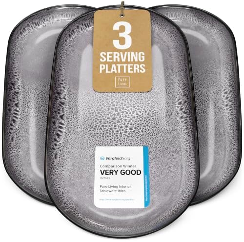 Large Serving Platters Set of 3, 15" Oval Stoneware Serving Plates for Food by PURELIVING
