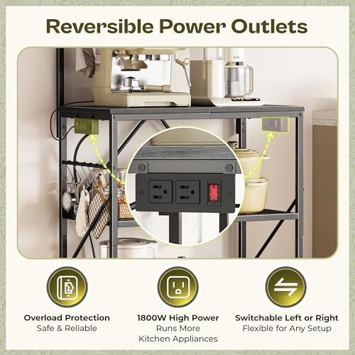 Huuger 4-Tier Bakers Rack with Reversible Power Outlet, 23.6 Inch Microwave Stand, Kitchen Coffee Bar, with Top Shelf, 6 S Hooks, Black - Image 4