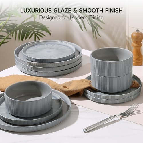 Stoneware Dinnerware Sets for 6, 18-Piece Plates and Bowls Set, Smoky Blue - Image 4