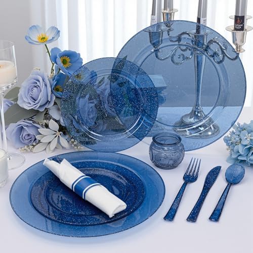 DaYammi 350PCS Cobalt Blue Glitter Plastic Dinnerware Set for 50 Guests - Image 3