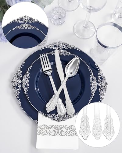 Hioasis 175pcs Blue and Silver Plastic Plates 10.25" - Image 5