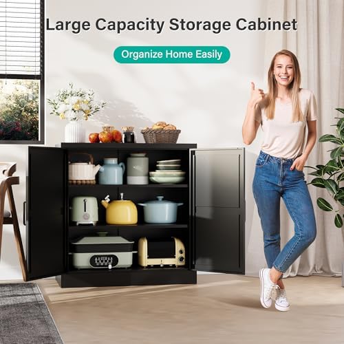 Black Storage Cabinet with Doors and Adjustable Shelves,36" Tall Farmhouse Food Pantry Cabinets,Small Sideboard Cabinet,Short Metal Storage Cabinets for Home Kitchen,Dining/Living/Laundry/Room - Image 4