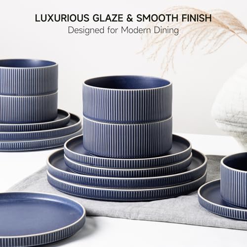 Stoneware Dinnerware Sets for 8, 24Pcs Plates and Bowls Set, Matte Blue - Image 4
