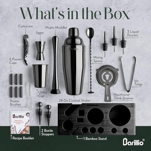 Barillio Black Bartender Kit - Stainless-Steel Cocktail Shaker Set w/Black Bamboo Stand - Mixology Bar Tools w/Drink Shaker, Mixer and Muddler for Cocktails - Home Bar Accessories - 23-Pc Bar Set - Image 3