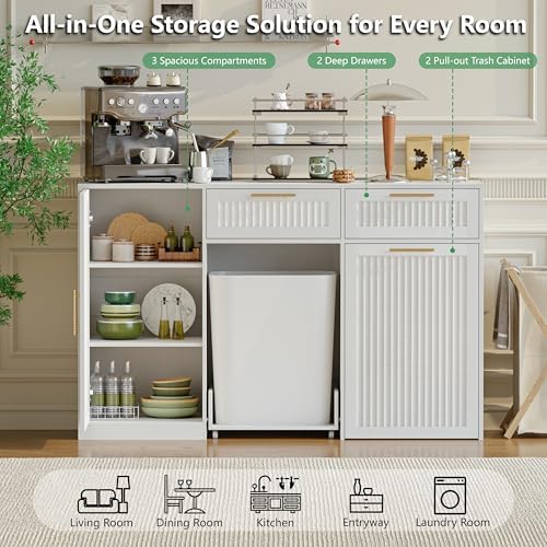 Double 13 Gallon Pull Out Trash Can Cabinet with Storage Cabinet,White - Image 3