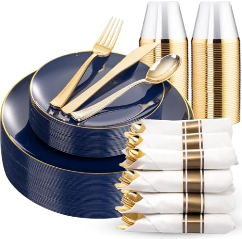 KIRE 175Pcs Blue Plastic Plates - Navy Blue Plates Disposable - 25 for Dinner 25 for Dessert 25 Pre Rolled Napkins with Gold Plastic Silverware and 25 Cups for Wedding/Party/Hanukkah/Christmas by KIRE