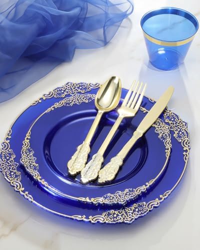 Goodluck 350 Piece Clear Blue Plastic Dinnerware Set for 50 Guests - Image 4