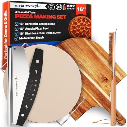 16-Inch Pizza Stone Set for Oven and Grill with Peel, Cutter and Brush by Kitchenstar