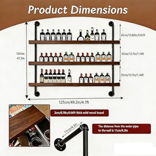 49IN Wall Mounted Wine Rack 3-Tier Industrial Pipe with LED Light - Image 2