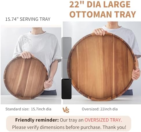 Large Ottoman Tray, 22" Big Ottoman Tray for Living Room, Large Serving Tray with Handles for Coffee Table Kitchen Counter,Great Round Wooden Trays with 4 Round Coasters for Appetizers, Dinner - Image 4