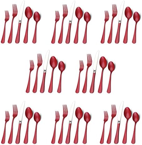 Red Silverware Set, Bysta 40-Piece Stainless Steel Flatware Set, Kitchen Utensil Set Service for 8, Tableware Cutlery Set for Home and Restaurant, Knives mirror polish, Dishwasher Safe by Bysta