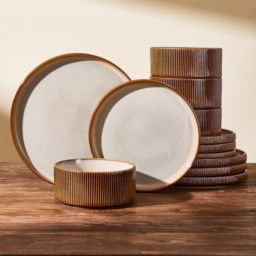 Dinnerware Set for 4, Reactive Glaze Plates and Bowls Sets by FamiwarePremium