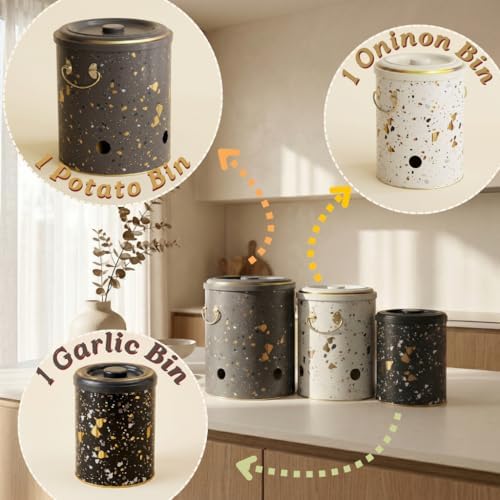 MARIA ROMA Metal Potato and Onion Storage Bin Set of 3 with Garlic Keeper - Vintage Metal Kitchen Canisters, Vegetable Storage Containers - Farmhouse Rustic Pantry Organization - Image 3