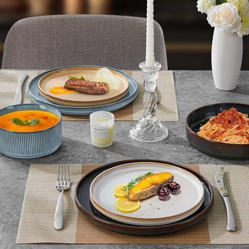 LIANYU Dinnerware Stoneware Sets with Pasta Bowls, 16 Piece Plates and Bowls Set for 4, Ribbed Dishes Set for Home, Microwave and Dishwasher Safe, Four-color - Image 3
