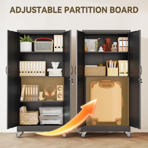 Metal Storage Cabinets with Wheels, Steel Tool Cabinets Lock Door and 3 Adjustable Shelves for Home Office, Garage, Kitchen (Black, 61" H) - Image 6