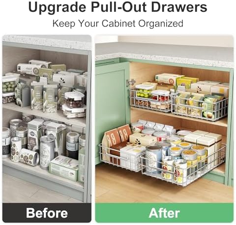 Pull out Cabinet Organizer, Stainless Steel 2-Pack (9.8"W x 16.5"D) Full-Extension Slide out Drawer, Adhesive Roll out Can Spice Storage Basket Shelf Rack for Pantry, Kitchen, Bathroom, Home Closet - Image 7